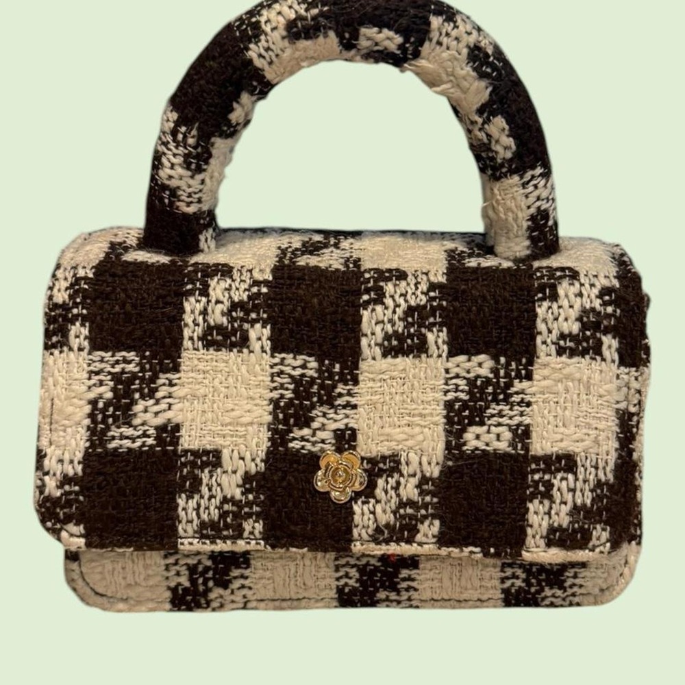 Brown White Checkered Tweed Mini Handbag Gold Floral Accent Top Handle Bag